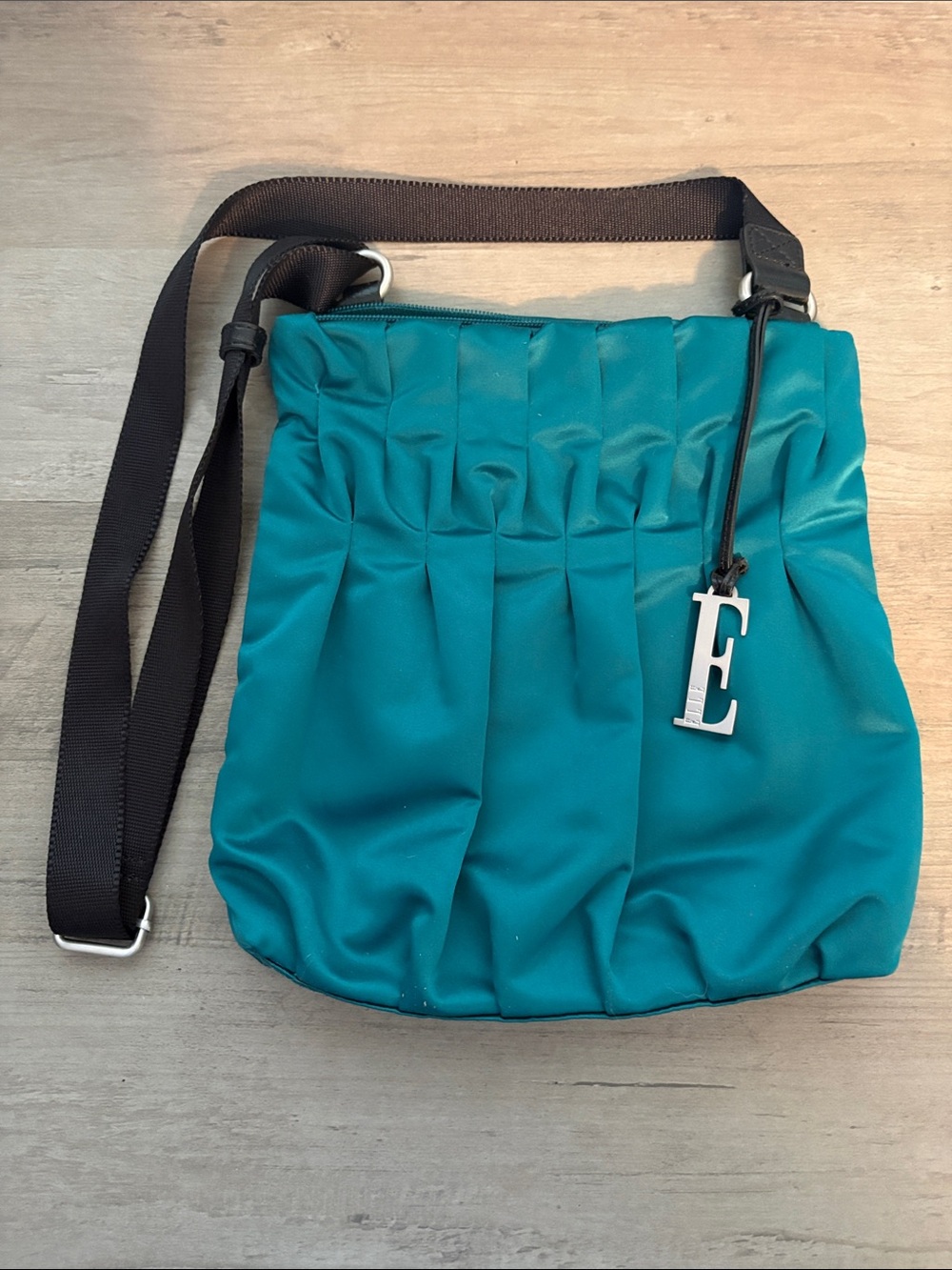 Elle Teal Pleated Crossbody Bag With 'E' Charm